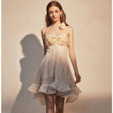 KINGWEN 2512 杏色挂脖闪片吊带裙