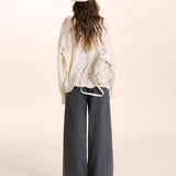 Kroche 2601 蕾丝系带抽绳花边露肩套头毛衣