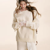 Kroche 2601 羊毛混纺 系带斜肩宽松针织毛衣 米杏