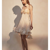 KINGWEN 2512 杏色挂脖闪片吊带裙