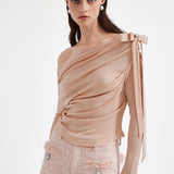 KINGWEN 2602 斜肩褶皱飘带上衣（蝴蝶结可拆）