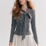 Kroche 2511 设计感飘带蝴蝶结V领长袖修身T恤 灰