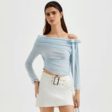 KINGWEN 2602 斜肩褶皱飘带上衣（蝴蝶结可拆） 蓝