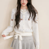 Kroche 2512 费尔岛纯手绘撞色提花毛衣开衫 白