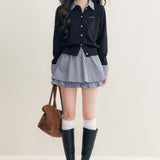 Kroche 2512 羊毛混纺 格纹翻领拼接假两件针织开衫