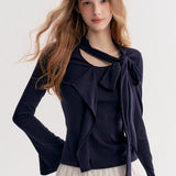 Kroche 2511 设计感飘带蝴蝶结V领长袖修身T恤 藏青