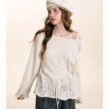 Kroche 2601 蕾丝系带抽绳花边露肩套头毛衣