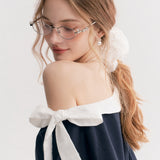 Kroche 2511 撞色棉布蕾丝翻领斜肩卫衣 藏青