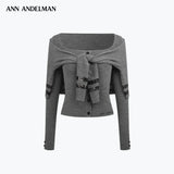ANN ANDELMAN 2610 亮片撞边毛织绑带上衣 灰
