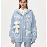 13DE MARZO | 2410 Fair Isle Bear Zip Knit Hoodie Blue