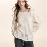 Kroche 2601 蕾丝系带抽绳花边露肩套头毛衣