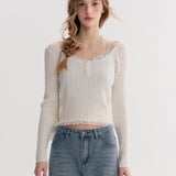 Kroche 2511 打揽格纹蕾丝花边假两件绞花针织衫 白