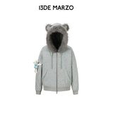 13DE MARZO | 2610 Floral Print Hoodie with Fur Collar Grey