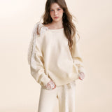 Kroche 2601 羊毛混纺 系带斜肩宽松针织毛衣 米杏