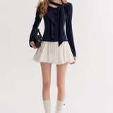 Kroche 2511 设计感飘带蝴蝶结V领长袖修身T恤 藏青