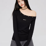 MacyMccoy 2502 斜肩亮丝针织上衣 黑