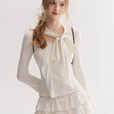 Kroche 2511 设计感飘带蝴蝶结V领长袖修身T恤 白