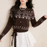 Kroche 2512 费尔岛纯手绘撞色提花毛衣开衫 巧克力棕