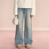 Kroche 2602 重工烫钻内里抓绒宽松直筒牛仔裤