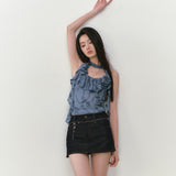 VIA PITTI 2507 玫瑰花荷叶边挂脖系带上衣 海浪蓝