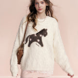 Kroche 2602 羊毛混纺 拉毛撞色小马提花宽松圆领毛衣 白