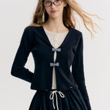 Kroche 2511 格纹蝴蝶结假两件 海军领针织衫上衣