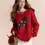 Kroche 2602 羊毛混纺 拉毛撞色小马提花宽松圆领毛衣 新年红