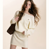 Kroche 2601 斜肩蝙蝠长袖针织A字短款收腰连衣裙