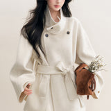 Kroche 2512  70羊毛立领双面呢香草白宽松大衣外套