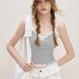 Kroche 2511 蕾丝花边拼接蝴蝶结条纹吊带背心（带胸垫）