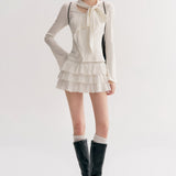 Kroche 2511 设计感飘带蝴蝶结V领长袖修身T恤 白