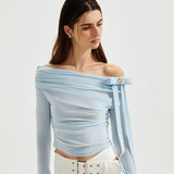 KINGWEN 2602 斜肩褶皱飘带上衣（蝴蝶结可拆） 蓝