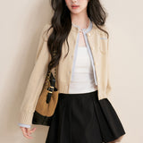 Kroche 2512 羊毛混纺撞色假两件拼接短款针织开衫