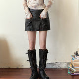 VIA PITTI 2602 设计感多口袋皮半身裙 深棕带内衬