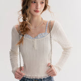 Kroche 2511 打揽格纹蕾丝花边假两件绞花针织衫 白