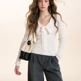 Kroche 2511 系带蝴蝶结麻花坑条修身针织打底衫