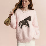 Kroche 2602 羊毛混纺 拉毛撞色小马提花宽松圆领毛衣 柔雾粉