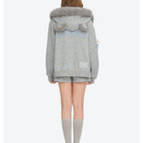 13DE MARZO | 2610 Floral Print Hoodie with Fur Collar Grey