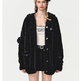 13DE MARZO | 2410 Fuzzy Weave Knit Cardigan Black