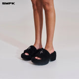 SMFK 2511 十字雕像皮毛一体高跟拖鞋 荒野黑