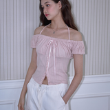 ROSE FRANTZ 2604 Shirring Halter Off Shoulder T-shirt Pink
