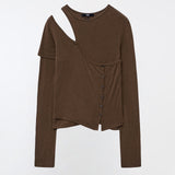 YUSE 2411 One Shoulder Layer Top (Brown)