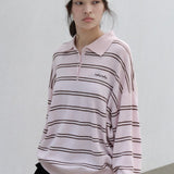 ROLAROLA 2605 LOOSE FIT COLLAR STRIPE KNIT PINK