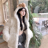 13DE MARZO | 2412 Bear Fuzzy Hoodie Coat Snow White