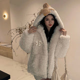 13DE MARZO | 2412 Bear Fuzzy Hoodie Coat Snow White