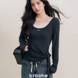 Kroche 2510 真两件大U领绑带打底长袖 深灰