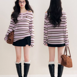 Kroche 2511 撞色一字肩条纹针织衫