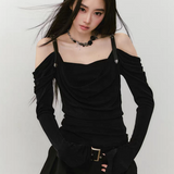 VIA PITTI 2509 露肩皮带荡领撒银针织上衣 黑