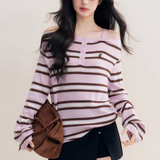 Kroche 2511 撞色一字肩条纹针织衫