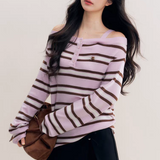 Kroche 2511 撞色一字肩条纹针织衫